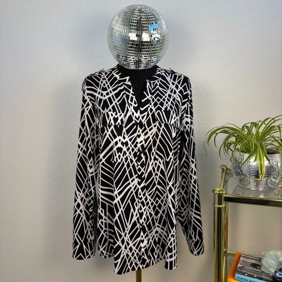 Calvin‎ Klein Black White Geometric Print Blouse, Womens Size Medium - Picture 2 of 14